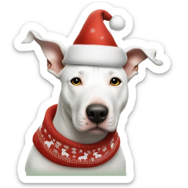 white American Bull Terrier, with spots on the eyes and forehead, in Christmas clothes, a hat sticker