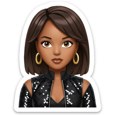 LeToya Luckett with long dark brown hair, black sequin tour outfit  sticker