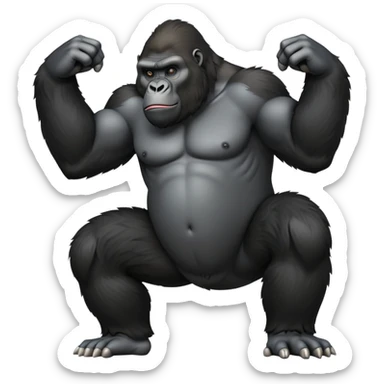 cinematic-gorilla-realistic-full-body-standing-emoji,-broad-and-powerful-frame-poised-with-confidence,-massive-arms-hanging-slightly-forward,-head-tilted-thoughtfully,-thick-black-fur,-deep-dark-eyes-full-of-intelligence,-simplified-yet-realistic sticker