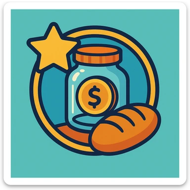 single emblem blending savings jar, star for wants, and loaf of bread for needs, friendly cartoonish style sticker