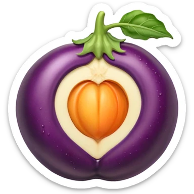 Eggplant with white liquid coming out the top being inserted into a peach sticker