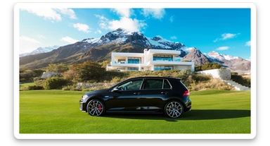 black Golf 4 with, in background is modern huge two flors white villa, in distance are iceland mountains, rule of thirds, shot on gopro hero, noise camera sticker