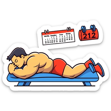 bodybuilder sleeping deeply with calendar highlighting two days, gym weights set aside, cartoonish sticker style sticker