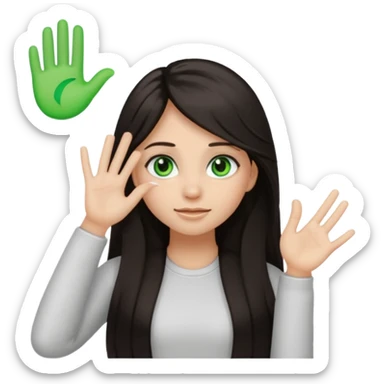 Animated girl dark long hair green eyes emoji holding right side of the head with her hand with duh facial expression  sticker