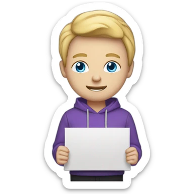 A man with blond hair, light blue eyes,wearing a purple hoodie l, in black pants  holding a sign with a text “wstyy bot” sticker