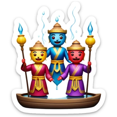 Cinematic Realistic Water Puppetry Emoji, depicted as a whimsical scene of traditional water puppets performing on a reflective water stage, rendered with vivid textures and dynamic playful lighting that captures its enchanting charm. sticker