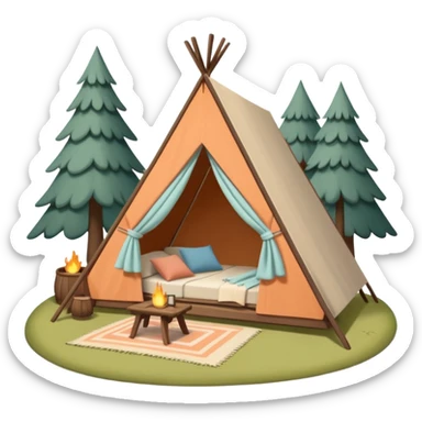 A-Frame house in a glamping setting, with a tent and outdoor furniture sticker