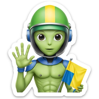 Green alien in helmet, with Ukraine flag in a hand sticker