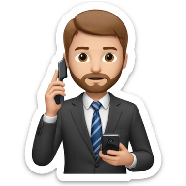 Un hombre con poco barba,  de traje con tez clara pelo color castaño, vestido con traje camisa y corbata y un celular en mano .  sticker