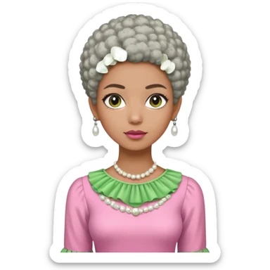 Pretty Brown woman with a very very short stylish gray Afro  wearing pink and green dress  and pearl blouse with sleeves sticker