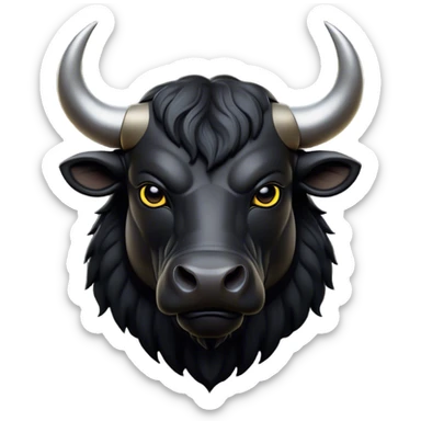 Cinematic Noble Black Bull Portrait Emoji, Poised and regal, with a massive, muscular build and a sleek, well-groomed pure black hide, deep-set soulful dark eyes, Simplified yet sharp and sophisticated features, highly detailed, glowing with a soft, dignified glow, high shine, intelligent and formidable, stylized with an air of strength, focused and attentive, soft glowing outline, capturing the essence of a watchful and confident guardian, so majestic it feels as though it could charge out of the screen with effortless authority! sticker