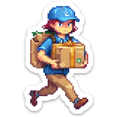 running courier holding a package in a city street, fastest delivery sticker