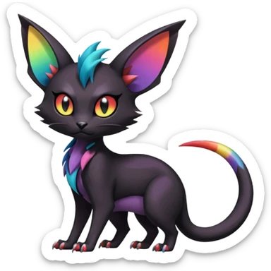 Obsidian-pitch-Black with rainbow-markings edgy Noivern-Noibat-Purloin-Torracat-Lykoi-Caracal-cat-Fakemon-fusion-hybrid-creature sticker