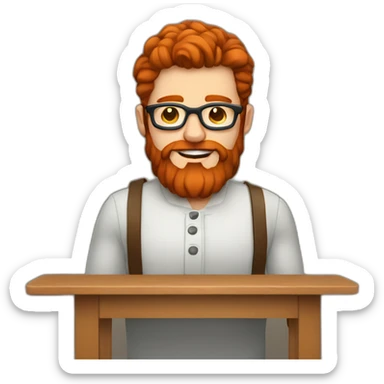Red haired man with beard and glasses leather crafting at a table sticker
