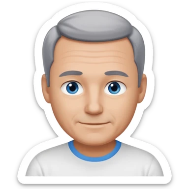 Middle aged man with tanned skin, little black to grey hair, receding hairline and no beard, blue eyes, shy smile sticker