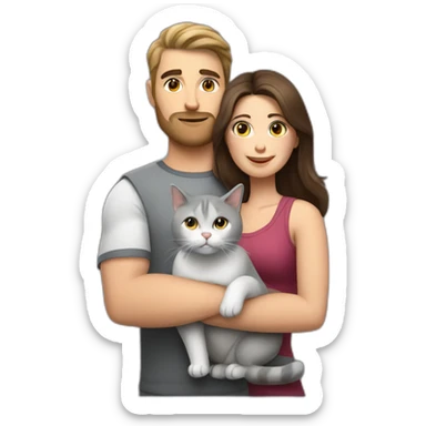 white brun man and brunette woman with a fat gray cat in their arms sticker