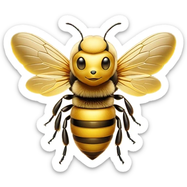 Cinematic Noble Bee Portrait Emoji, Poised and industrious, with a compact, fuzzy body in golden-yellow hues, delicate translucent wings, and a gentle, determined expression with focused eyes, Simplified yet sharp and sophisticated features, highly detailed, glowing with a soft, sunny radiance, high shine, intelligent and diligent, stylized with an air of natural elegance, focused and alert, soft glowing outline, capturing the essence of a watchful and confident bee that appears ready to buzz out of the screen with effortless authority! sticker