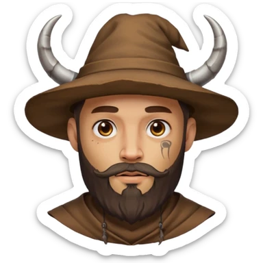 Bearded figure — large brown hat with horn, tattoo on face sticker