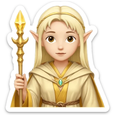 {
      "type": "human",
      "look": "light elf healer, golden robe, staff",
      "description": "a light elf healer wearing a golden robe and holding a staff"
    } sticker