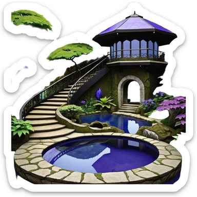 Alien saucer poolhouse jungle-vines winding narrow stairway fountain koi pond mountainside -island getaway nighttime landscape antique mudman very old broken cracked intricate Stone Age lapis-crusted irregular dodecagon-shaped shallow dark moss rough bark violet serissa flowered maple tree bonsai sticker