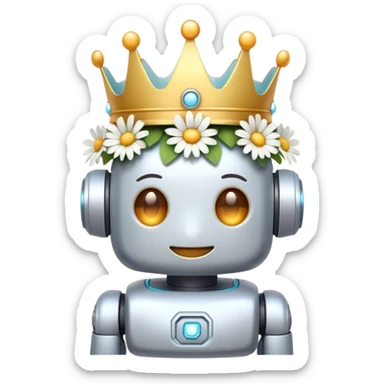 "Create a soft pastel emoji of a cute robot with a gentle smile, wearing a crown of daisies (or cherry blossoms) on its head. Add soft, glowing eyes and a warm, friendly vibe." 🌸✨ sticker