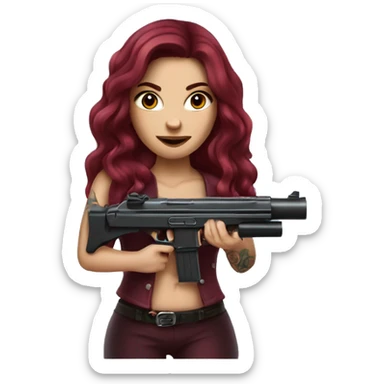 Beautiful tattooed burgundy long haired woman shooting a gun sticker