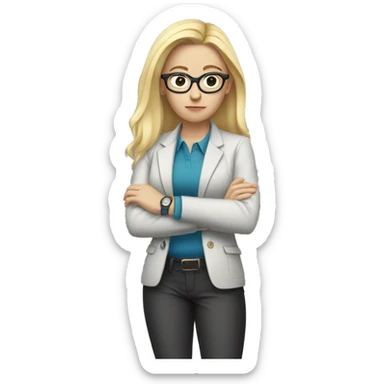 girl with white skin in a office jacket 
and glasses, blond hair, serious face, looking at her watch
 sticker