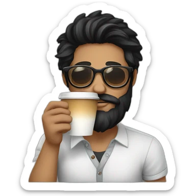 Hipster with black hair, beard and glasses drinking cappuccino   sticker
