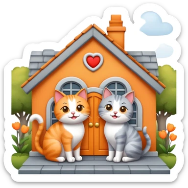 two happy cats in love, orange and gray cats, with a house behind them that has a bow on the roof, emoji style sticker