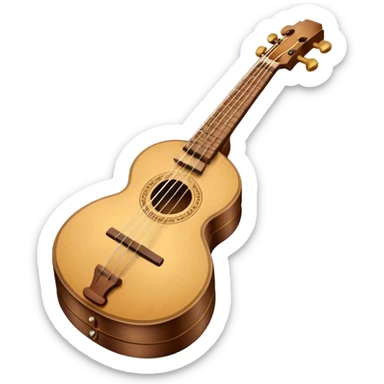Create an elegant and traditional emoji representing a domra. The design should feature the round, wooden body of the domra with its distinct three or four strings. Include delicate details like the tuning pegs, the fingerboard, and the bridge. The wood of the domra should have a rich, warm tone, and the strings should be subtly highlighted to show their importance. Add a small musical note or two floating around to evoke the folk music it is used for. Use earthy tones like brown and gold to emphasize its classic, rustic feel. The background should be transparent. sticker