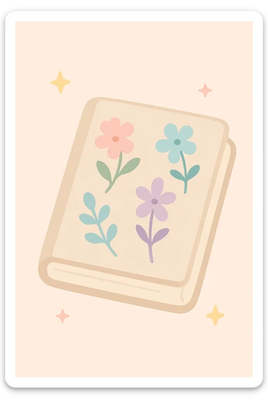 a vintage book with pressed flowers, cottage core style, nostalgic and delicate, soft pastel colors sticker
