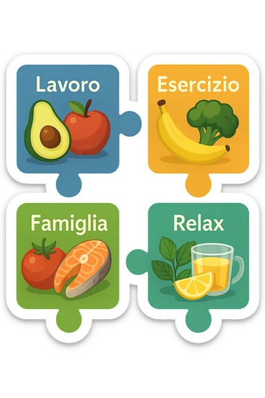 Puzzle (Lavoro, Esercizio, Famiglia, Relax), and healthy foods are integrated into each piece. in italiano sticker