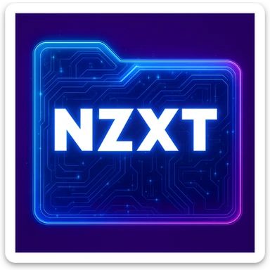 Transform the NZXT logo into a cyberpunk, holographic style with glowing neon blue and pink circuit patterns and edges. Keep the solid purple square background as the main background color. The NZXT text should be bold, crisp, and white for maximum legibility, not obscured by any patterns. The overall look should be futuristic, clean, and consistent with cyberpunk folder icons style, emphasizing a holographic and neon aesthetic with purple as the dominant background color. sticker