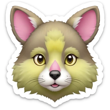 Round head with fluffy fur. Large greenish-yellow eyes with a dark outline. White muzzle and cheeks, pink nose. Gray and light brown fur on the forehead, blending into the ears. Triangular ears with pink inside. sticker