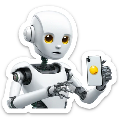 a humanoid robot looking at his iphone sticker