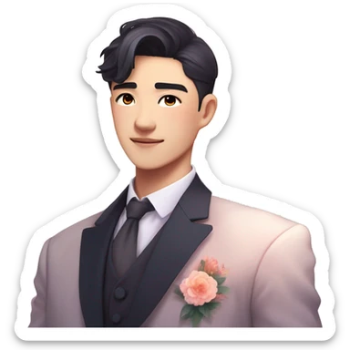 Gorgeous romantic anime style Asian formal modern gentlemanly guy with flowers and blushing face aesthetic trending style outside with colorful gradient colors sticker