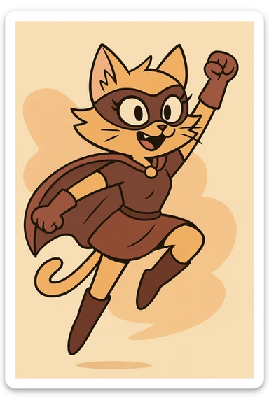 cat superhero girl, leaping in action, mask, cape, playful and brave, cartoon style sticker