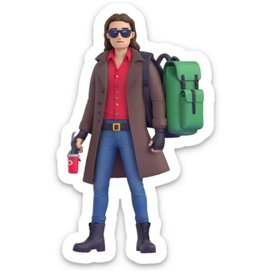 Man with long brown hair, brown goatie, sunglasses, wearing red button up shirt with a sling horizontally across the torso, wearing a black trenchcoat, blue jeans, long black military boots, red fingerless gloves, green backpack sticker