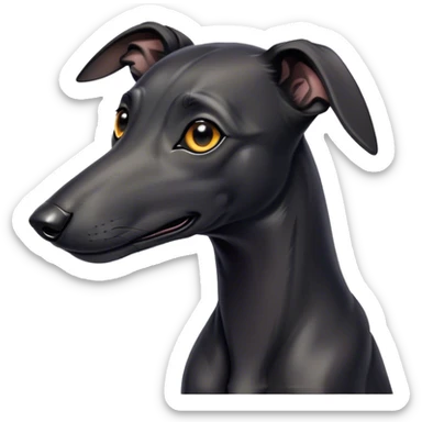 Cinematic Cute Black Greyhound Portrait Emoji, Head tilted playfully and inquisitively, featuring a smooth, shiny jet-black Fur and round, sparkling dark eyes filled with curiosity, Simplified yet irresistibly adorable features, highly detailed, glowing with a warm, friendly glow, high shine, affectionate and agile, stylized with a touch of whimsy, bright and endearing, soft glowing outline, capturing the essence of a mischievous yet loving racer, so playful it feels like it could dash out of the screen and into your arms! sticker