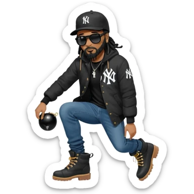 African American man with shoulder length black dreadlocks with black beard wearing black sunglasses wearing a black New York Yankees logo baseball cap wearing a black bubble winter coat wearing denim skinny jeans and timberland boots bending down tying up his shoes sticker