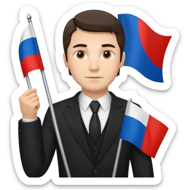 Russian man in a suit with a flag sticker