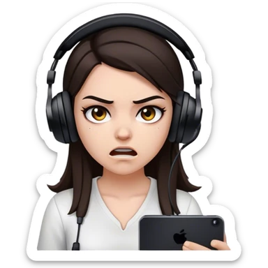 white girl with dark brown hair and a black gaming headset. she is angry at the game she is playing. sticker