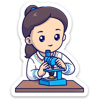 Ukrainian girl with dark hair in traditional embroidered shirt holding a microscope sticker