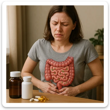 realistic style woman showing abdominal discomfort due to dysbiosis from wrong supplements, anatomical details, supplements on table, everyday atmosphere sticker