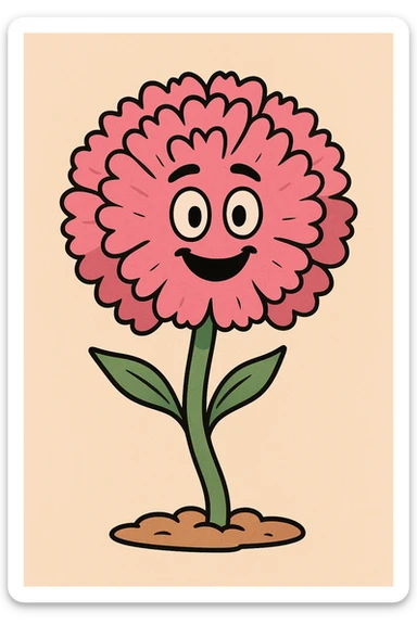 a simple cartoon-style carnation flower, bright pink petals, smiling face, bold outlines sticker