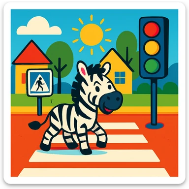 cartoon style zebra crossing, playful, bright colors sticker