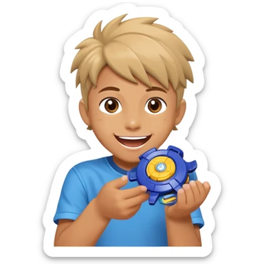 excited child holding a beyblade spinning top toy, happy face sticker