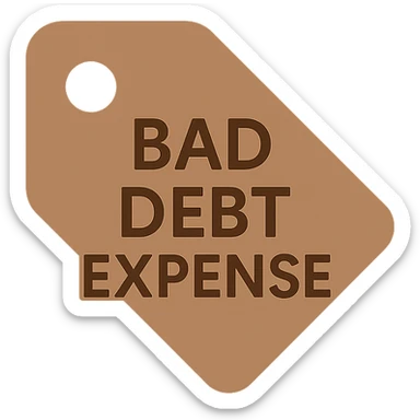 brown price tag icon with the text 'bad debt expense' sticker
