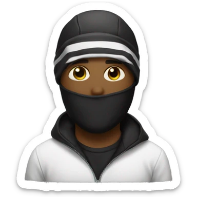 Man wearing a ski mask with black and white shirt sticker