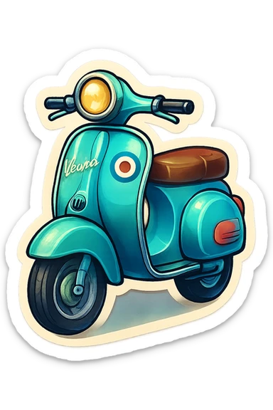 A Vespa scooter icon in a retro style, with a pastel blue body, vintage decals, and a classic round headlight. sticker